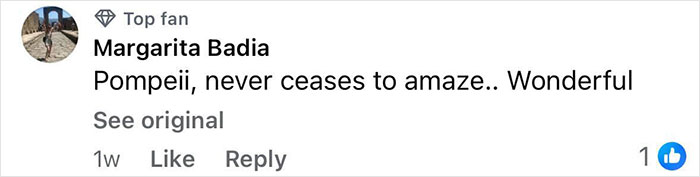 Facebook comment by Margarita Badia, labeled Top Fan, expressing amazement at Pompeii and calling it wonderful.