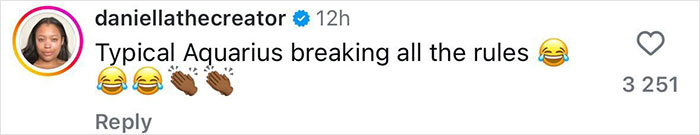 Social media comment by daniellathecreator joking about breaking rules, referencing celebs who broke Met Gala's no phones rule.