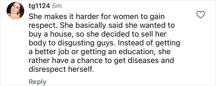 Screenshot of a social media comment criticizing a woman's choices, related to adult star Annie Knight’s 583-man stunt. Screenshot of a social media comment criticizing a woman's choices, related to adult star Annie Knight’s 583-man stunt.