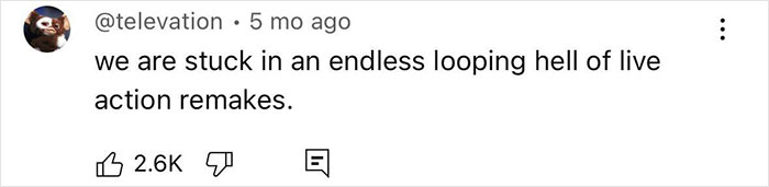 Screenshot of a social media comment expressing frustration about live-action remakes, related to Disney fans outraged over changes.