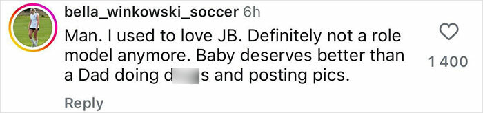 Screenshot of a social media comment criticizing Justin Bieber&rsquo;s parenting after a smoking photo from holiday with son sparks debate.