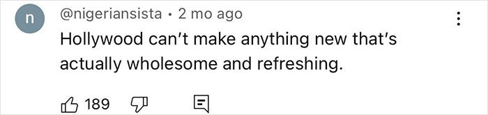 Screenshot of a social media comment criticizing Hollywood, related to Disney fans outraged over changes to Lilo & Stitch character's look.