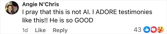 Comment from Angie N'Chris expressing hope the image is not AI and praising the testimony about the Hand of God in ultrasound.