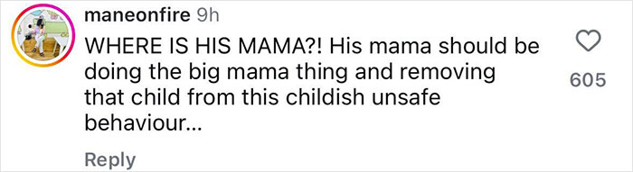 Comment from user maneonfire criticizing parenting choices, expressing concern about unsafe behavior involving child and smoking.