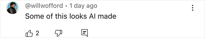 Comment on a social media post expressing suspicion that an image or content looks AI generated, related to Disney fans outraged over character changes.