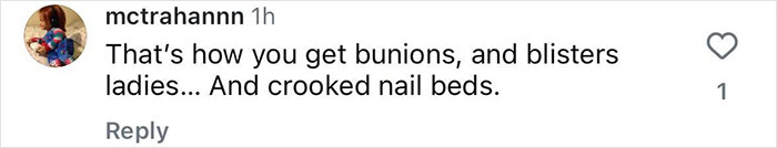Comment reading "That's how you get bunions, and blisters ladies... and crooked nail beds," discussing Met Gala stiletto pain. Comment reading "That's how you get bunions, and blisters ladies... and crooked nail beds," discussing Met Gala stiletto pain.