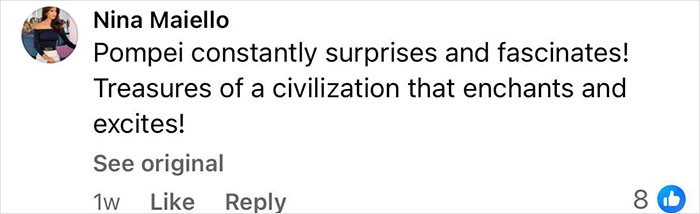 Comment by Nina Maiello expressing fascination with Pompeii&rsquo;s civilization and its surprising treasures.