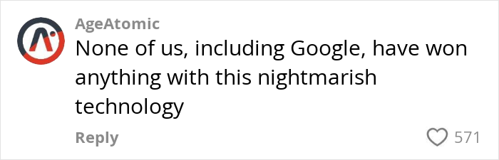 Comment on a social media post criticizing Google's AI model that creates incredibly realistic videos, describing the technology as nightmarish.