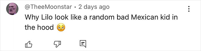 Social media comment expressing Disney fans' outrage over changes to Lilo's character look in live-action Lilo & Stitch.