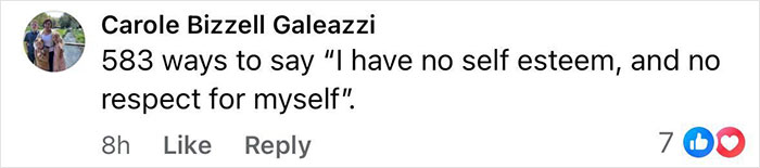 Comment on social media by Carole Bizzell Galeazzi referencing a stunt involving 583 men and self-esteem. Comment on social media by Carole Bizzell Galeazzi referencing a stunt involving 583 men and self-esteem.