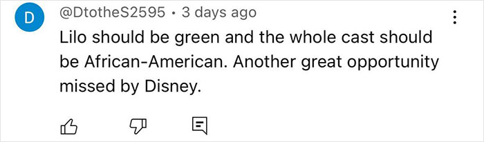 Comment criticizing Disney fans as cowards over changes to Lilo & Stitch's live-action character look.