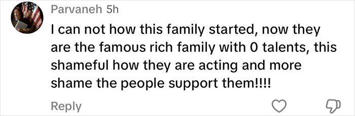 Social media comment criticizing the famous family, expressing disappointment and shame about their behavior and support.
