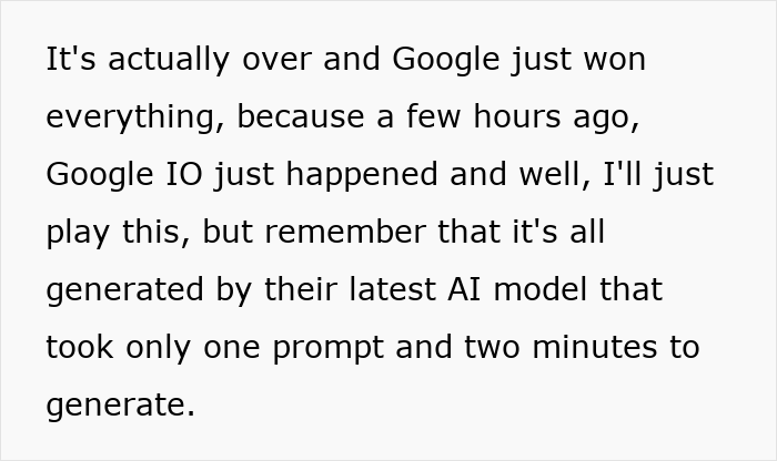 Text excerpt about Google creating an AI model that generates realistic videos quickly from a single prompt.