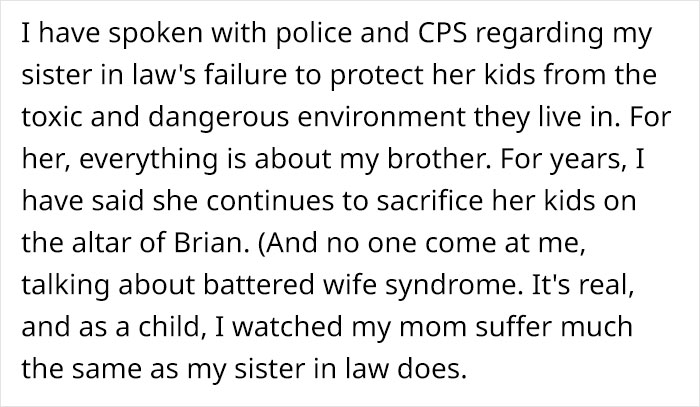 Text excerpt discussing sister in law's failure to protect kids from a toxic environment and mention of battered wife syndrome.