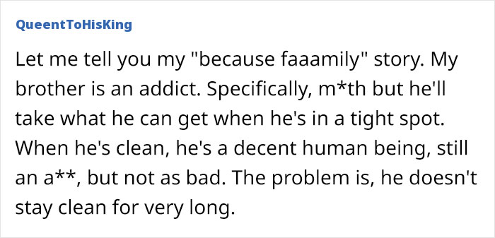 Text post from user QueentToHisKing discussing family struggles with a brother's addiction and personal challenges.