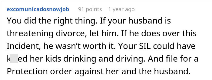 Reddit comment discussing a woman served divorce papers six months after birth for caring for sister-in-law&rsquo;s kids.