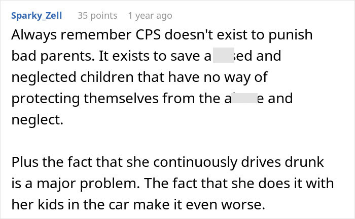 Screenshot of a user comment discussing child protection services and concerns about drunk driving with children in the car.