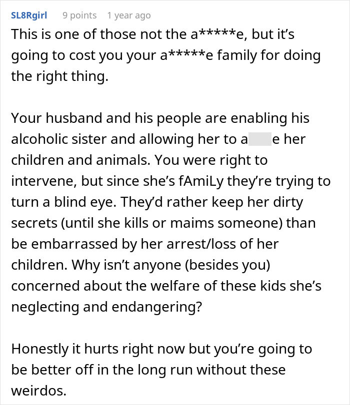 Comment discussing a woman served with divorce papers months after birth for looking out for sister-in-law&rsquo;s kids.