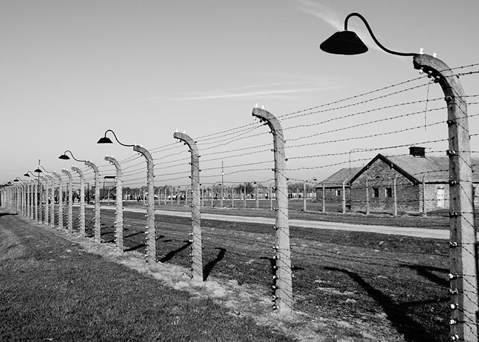 Black and white image of barbed wire fence with lamps, symbolizing difficult things people can’t believe they had to explain to adults.