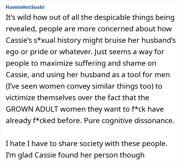 Text post discussing public reaction to Cassie Ventura's history and her husband's role amid powerful testimony conclusion. Text post discussing public reaction to Cassie Ventura's history and her husband's role amid powerful testimony conclusion.