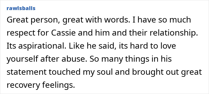 Alt text: User expresses deep respect for Cassie Ventura's husband and their relationship, highlighting his powerful statement and recovery feelings. Alt text: User expresses deep respect for Cassie Ventura's husband and their relationship, highlighting his powerful statement and recovery feelings.