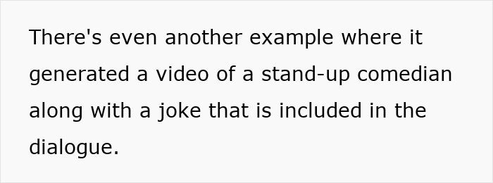Text on screen describing a video generation example featuring a stand-up comedian with included dialogue.