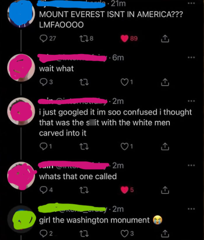 Twitter conversation showing Americans displaying ignorance about Mount Everest's location and confusing it with the Washington Monument.