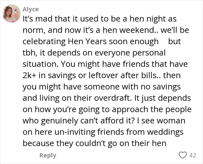 Social media comment discussing how paying for hen parties has become costly and varies based on personal finances.