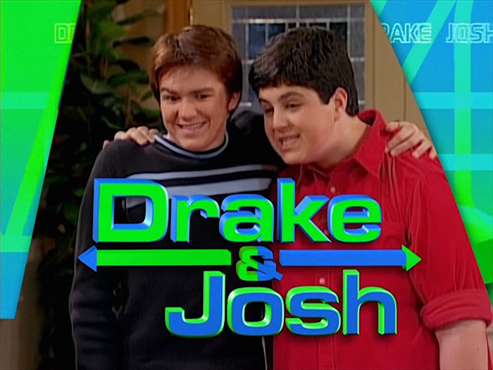 Two young actors from Drake & Josh smiling with an overlaid logo, related to celebrities before their fame struck.