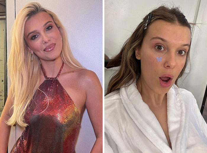 Side-by-side images of celebrities, one with makeup and one makeup-less, showing natural behind-the-scenes looks.