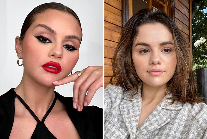 Left photo shows a celebrity with bold makeup and red lipstick, right photo shows the same makeup-less celebrity behind the scenes.