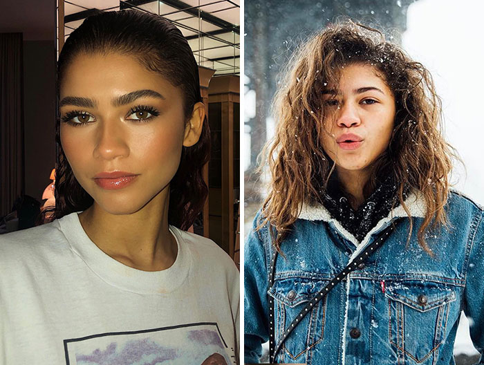 Side-by-side images of a makeup-wearing and makeup-less celebrity showing natural looks behind the scenes.