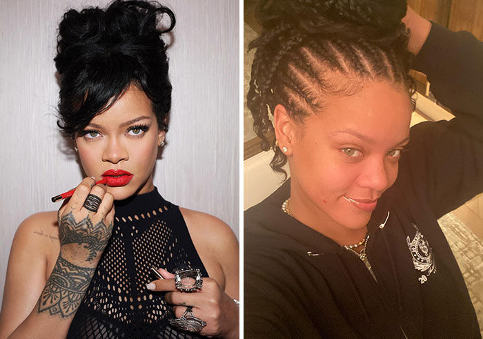 Rihanna shown with makeup and makeup-less in casual setting, highlighting natural celebrity look behind scenes.