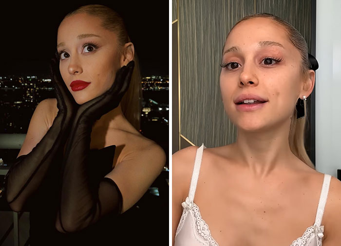 Side-by-side images of a makeup-less celebrity showing natural skin and a glamorous look with bold makeup at night.