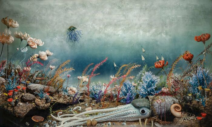 Unsettling visions of the natural world showing a surreal underwater scene with squids and colorful plants.