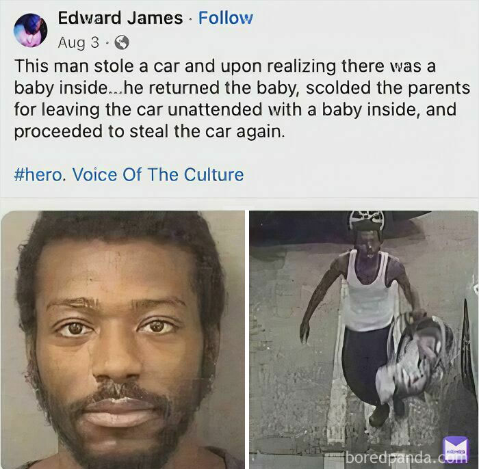 Man returns baby found in stolen car before stealing it again, a chaotic good act with good intentions captured in new pics.
