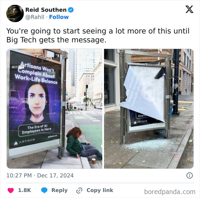 Chaotic good person sitting by a broken bus stop ad, showing unhinged acts with good intentions in public.