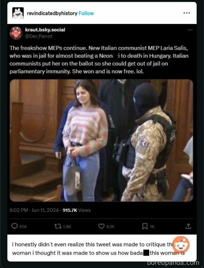 Woman in casual clothes escorted by armed guard, example of chaotic good acts with best intentions at heart.
