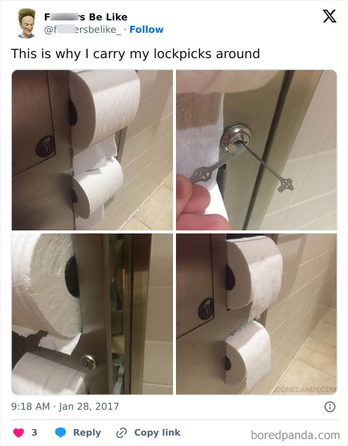 Chaotic good person using lockpick to fix broken toilet paper dispenser with good intentions in a public restroom.