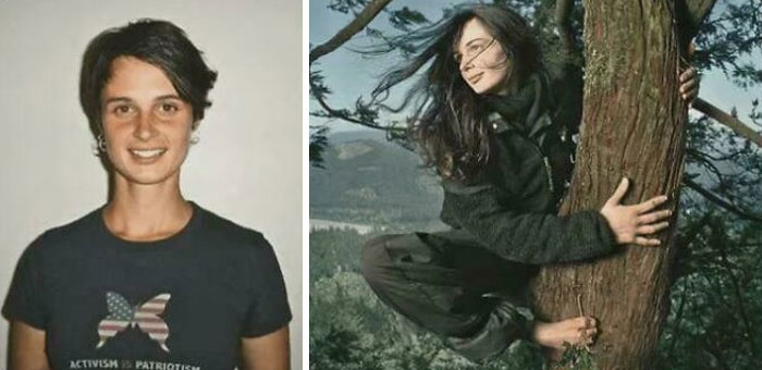 Two women showing chaotic good behavior, one smiling indoors, the other hugging a tree outdoors in nature.