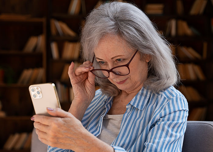 Older woman wearing glasses, looking closely at her smartphone, showing signs of someone cheating suspicion.