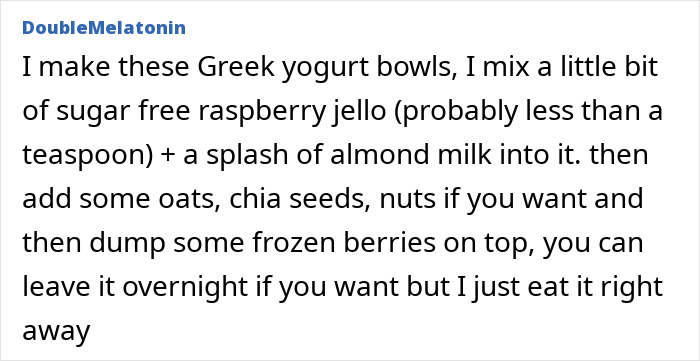 User sharing a chia seeds diet tip mixing Greek yogurt, almond milk, oats, and berries for a healthy diet change. User sharing a chia seeds diet tip mixing Greek yogurt, almond milk, oats, and berries for a healthy diet change.