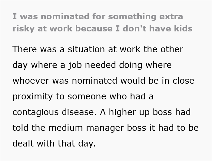 Text on a page explaining a risky work nomination involving close contact with contagious disease and no kids as a keyword.