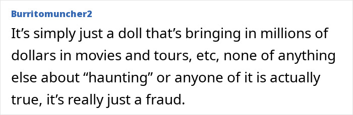 Comment text on a forum arguing the haunted Annabelle doll is just a fraud making money from movies and tours.
