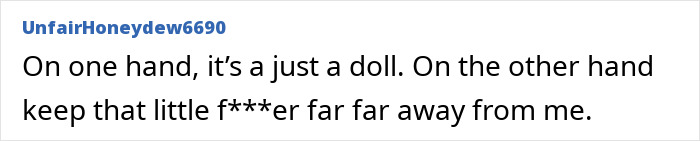 Text post with user UnfairHoneydew6690 expressing fear about a haunted Annabelle doll's chilling history resurfacing after it went missing during US tour.