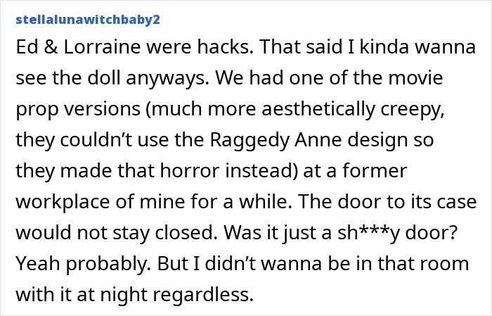 Comment text about the haunted Annabelle doll's creepy history and its unsettling presence at night.