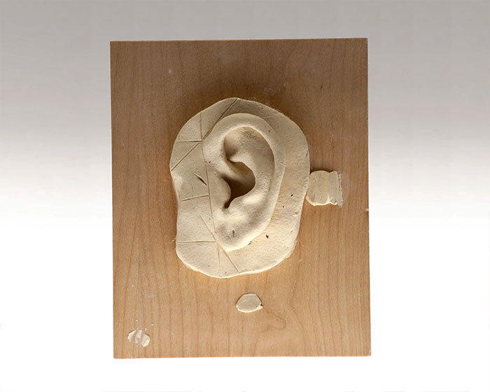 Model of an ear on wooden board representing CIA spy technology used for audio surveillance and intelligence gathering.