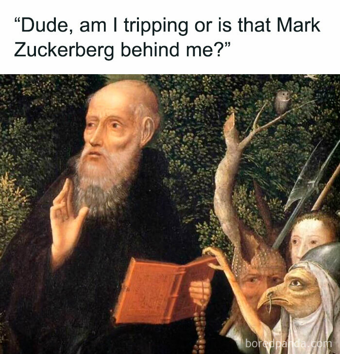 Classical art meme showing a bearded man reading a book with bizarre characters in the background for classical art lovers.