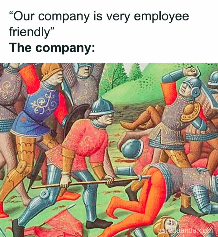 Medieval soldiers in colorful armor in a chaotic battle scene, a humorous meme for classical art lovers.