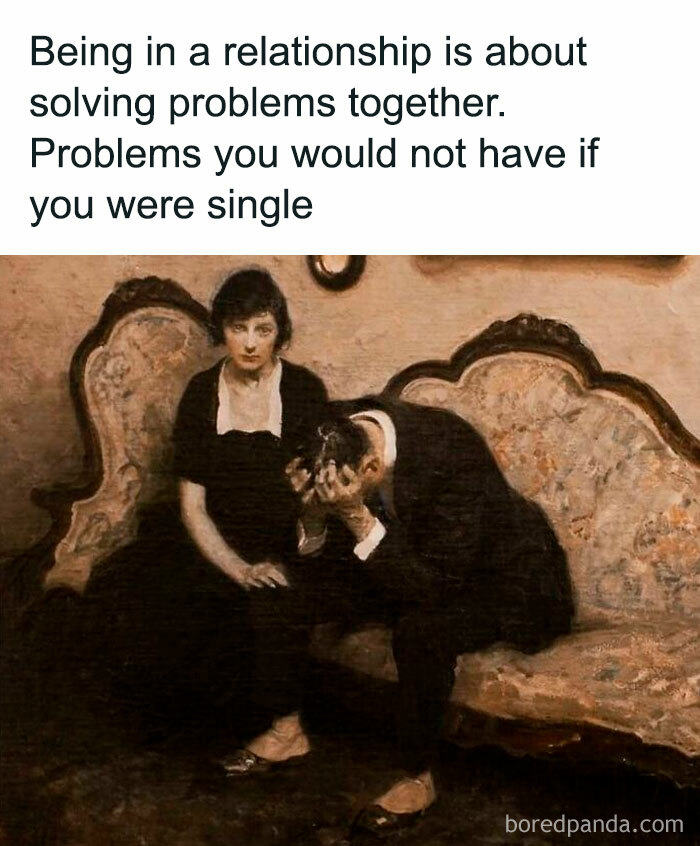 A classical art style painting showing a distressed couple on an antique couch, illustrating silly memes for classical art lovers.